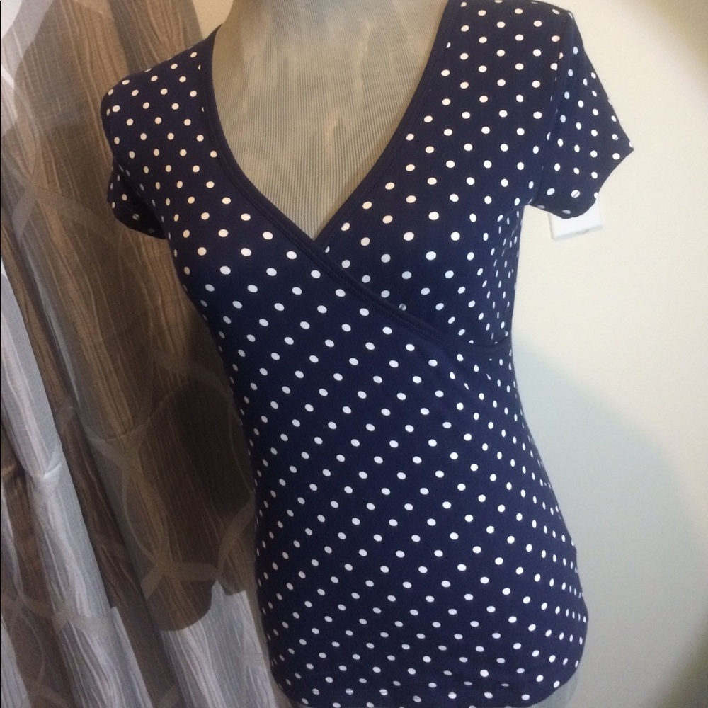 Ralph Lauren Navy Polka Dot Faux Wrap Blouse